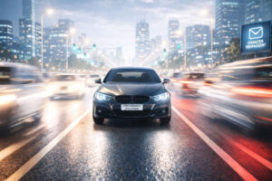 Auto steht still im Verkehr während andere Fahrzeuge vorbeiziehen – Metapher für Performance-Verlust bei Standalone-Mailings durch fehlende Optimierung