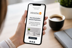 Person hält ein Smartphone mit einem minimalistischen Newsletter-Design von Interactive One auf dem Bildschirm. Das Bild steht für klare Kommunikation und einfache Strukturen im modernen E-Mail-Marketing.