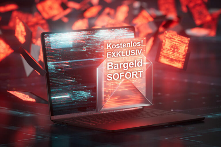 Ein aufgeklappter Laptop vor dem ein rot leuchtender Briefumschlag schwebt mit verschiedenen Bad Words darauf wie Kostenlos, Bargeld und Sofort