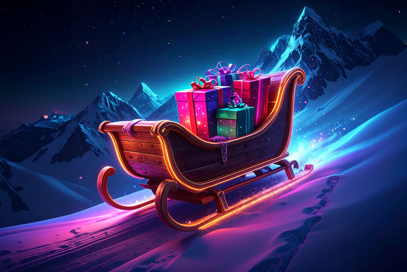 Ein beleuchteter Weihnachtsschlitten voller Geschenke gleitet bei Nacht durch eine verschneite Berglandschaft – als Metapher dafür, wie stabile Zustellbarkeit Newsletter sicher durch die Peak-Season führt.