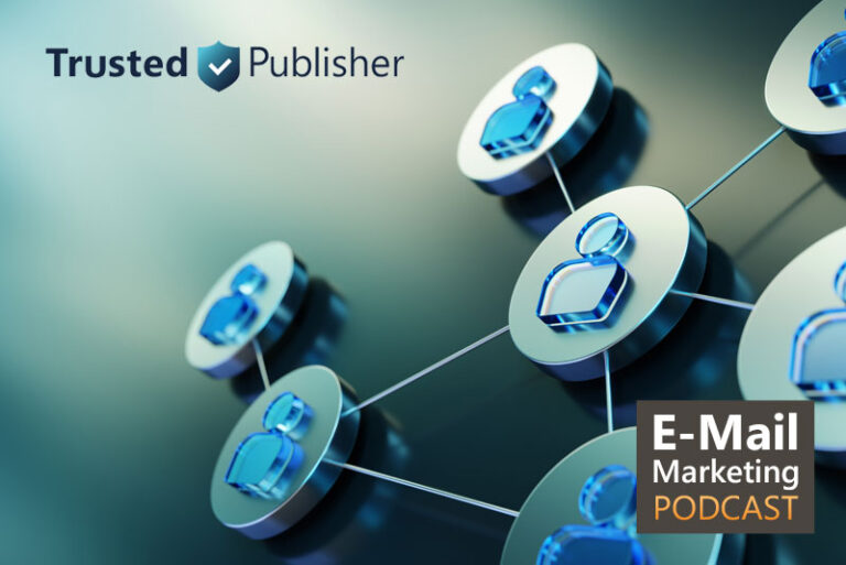 Visualisierung eines vernetzten Netzwerks aus stilisierten Benutzer-Icons in Blau und Silber – symbolisch für transparente, vertrauensvolle Verbindungen im E-Mail-Marketing im Sinne der Trusted Publisher-Initiative.