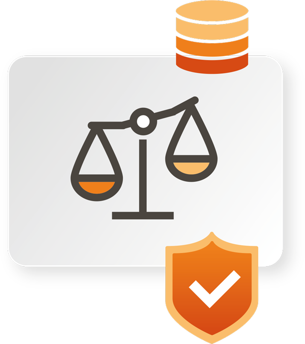 Darstellung von verschiedenen Icons: Eine Waage die für Rechtssicherheit steht, eine Datenbank und ein Sicherheitsschild.