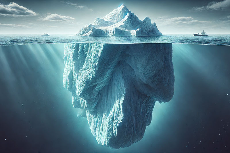 Der blick auf einen Eisberg sowohl über als auch unter der Wasseroberfläche, wo er viel massiver verborgen liegt.