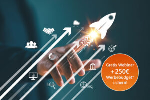 Geschäftsmann berührt einen aufsteigenden Pfeil mit Wachstumssymbolen – symbolisiert erfolgreiche Strategien und steigende Reichweite im E-Mail-Marketing.
