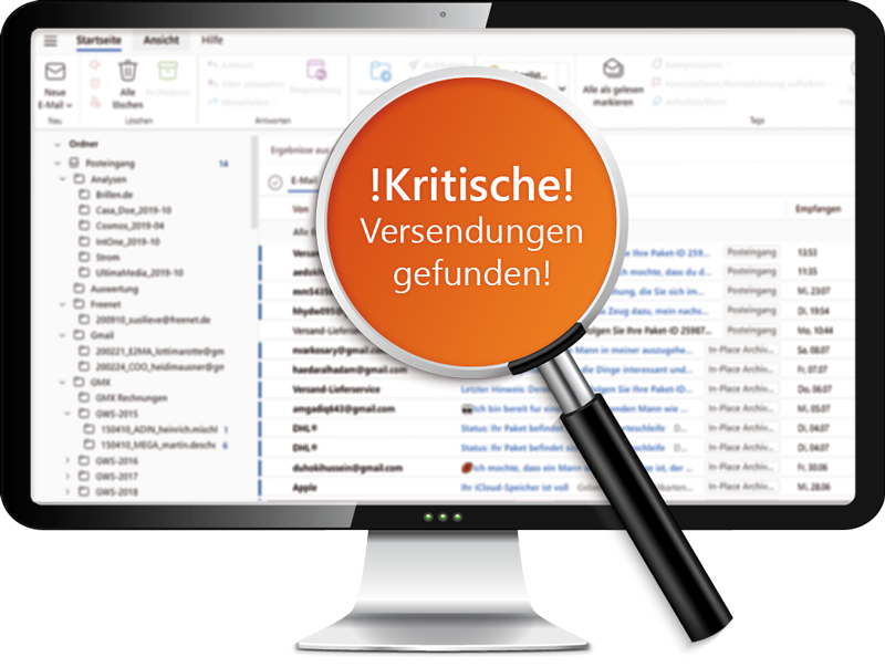 Ein Bild von einem Desktop auf dem verschwommen eine Mail Inbox zu sehen ist und eine Lupe davor mit der Aufschrift "Kritische Versendungen gefunden".