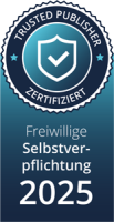 Siegel von Trusted Publisher mit der Aufschrift: Freiwillige Selbstverpflichtung 2025